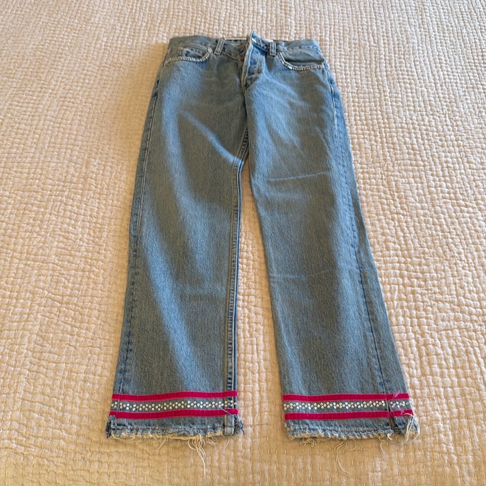 Vintage 1990s gap boy fit jeans with pink velvet trim and rhinestone details